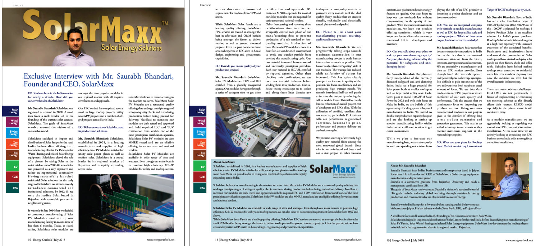 SolarMaxx press coverage: Energy Outlook Solar Business in India SolarMaxx Noida Renew