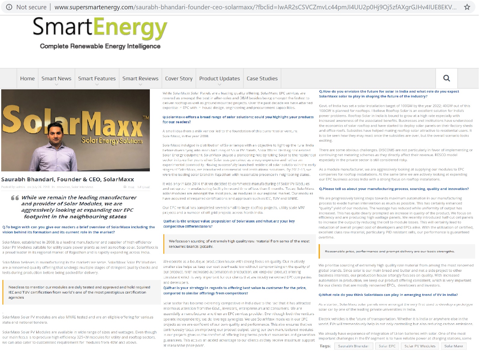SolarMaxx press coverage: Smart Energy Solar PV Module System India Rooftop